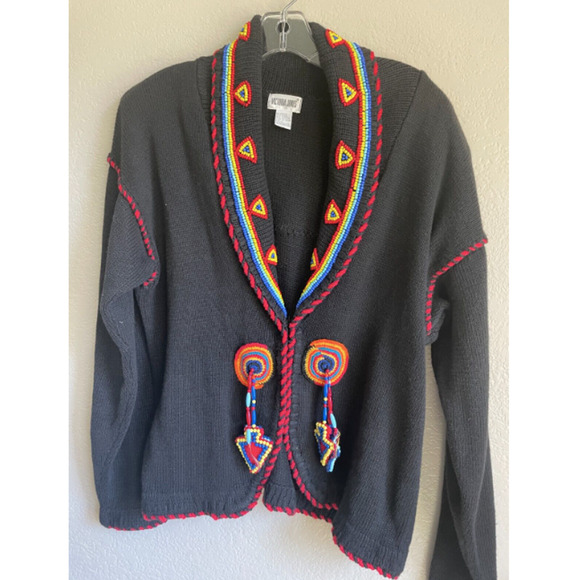 Vintage Victoria Jones Cardigan Heavily Beaded Indian Aztec Long Sleeve Black M - Picture 2 of 9